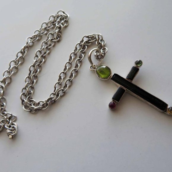Huge Multi-Color Tourmaline Cross In Silver Pendant - Picture 4 of 10